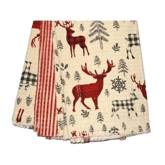 Elk Trees Kitchen Tea Towels 3pc Stripe Waffle Weave Cotton Red Plaid Gift NEW - Picture 2 of 3